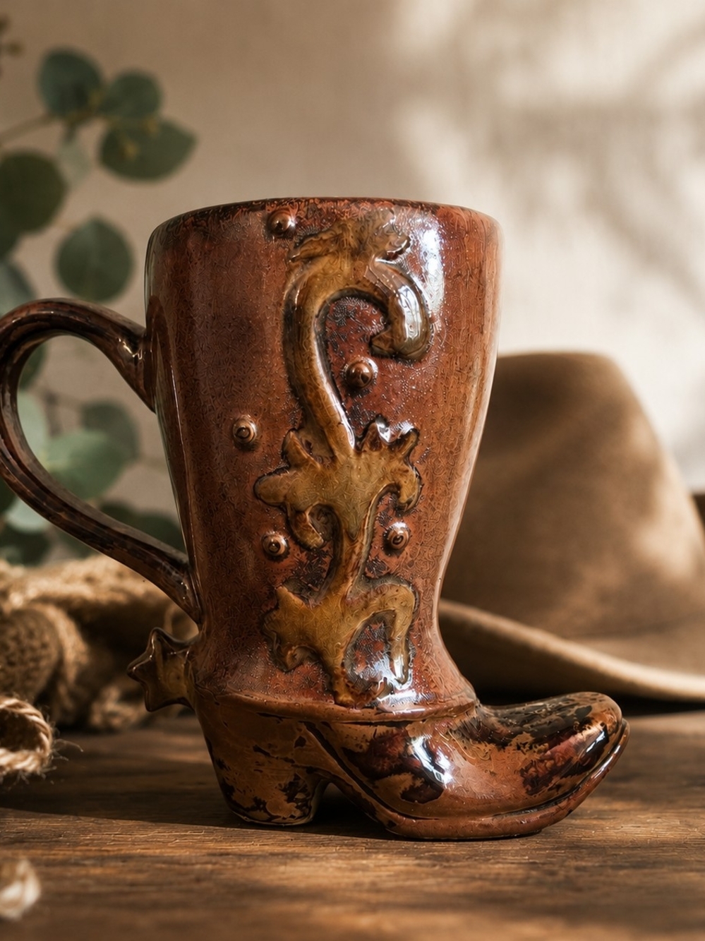 Brown Ceramic Collectable Cowboy Boot Mug - Decorative Home Dining Mug